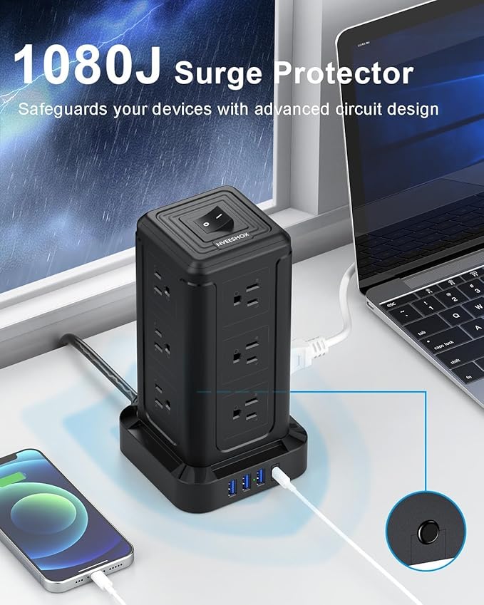 NVEESHOX Surge Protector Power Strip Tower, 10 FT Flat Plug Extension Cord - Image 6