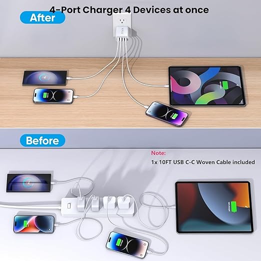 10Foot USB C-C Woven Fast Charging Cable, Apple 40W 4 Port USB C Wall Charger - Image 6