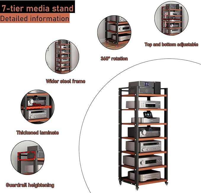 Dernoing 7 Tier Audio Rack Tower, CD Record Player Stereo Receiver AV Equipment - Image 3