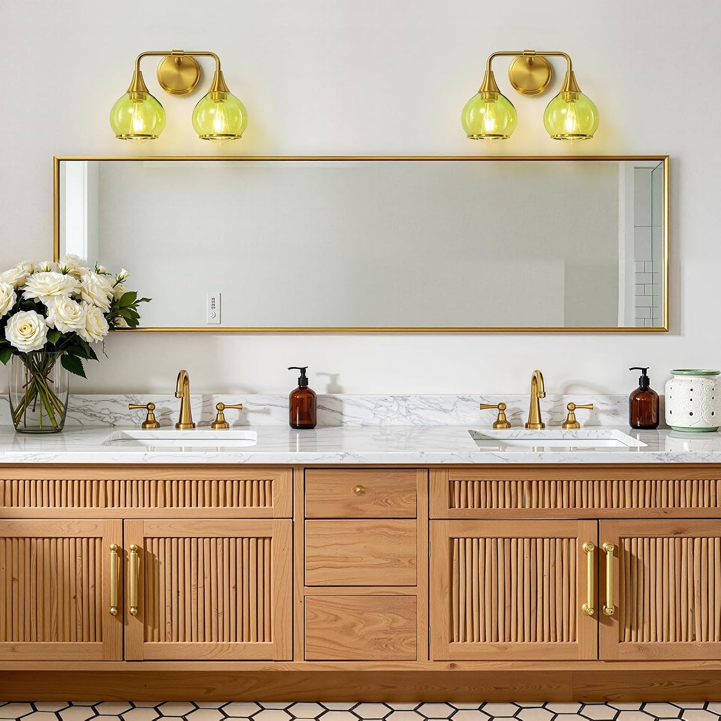 Brushed Gold Bathroom Vanity Light 2-Lights Bathroom Light Fixtures Over Mirror with Green Clear Glass Shade 14 inch Wall Sconce Lighting Bath(Exclude E26 Bulb)
