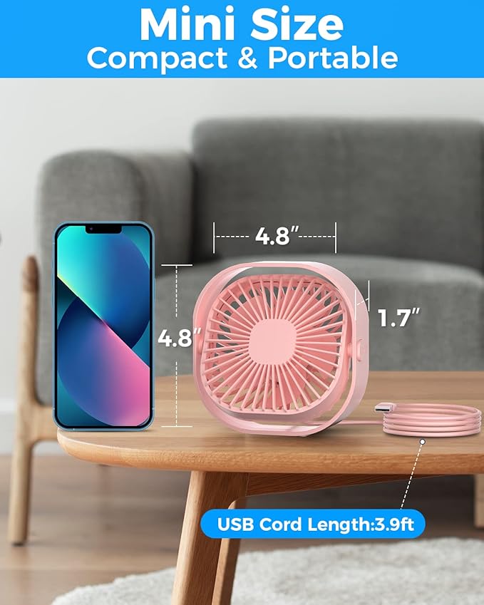 RJVW 4 Inch Small USB Desk Fan, 3-Speed Portable & 360°Rotatable Mini Cooling - Image 2
