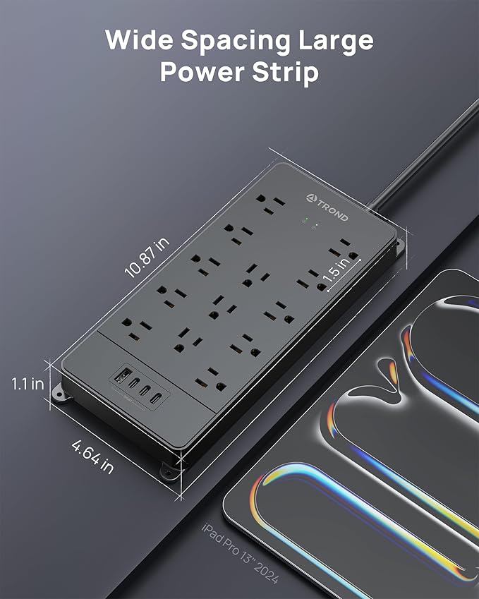 TROND 360° Rotating Flat Plug, Surge Protector Power Strip, 13AC Widely Spaced - Image 8