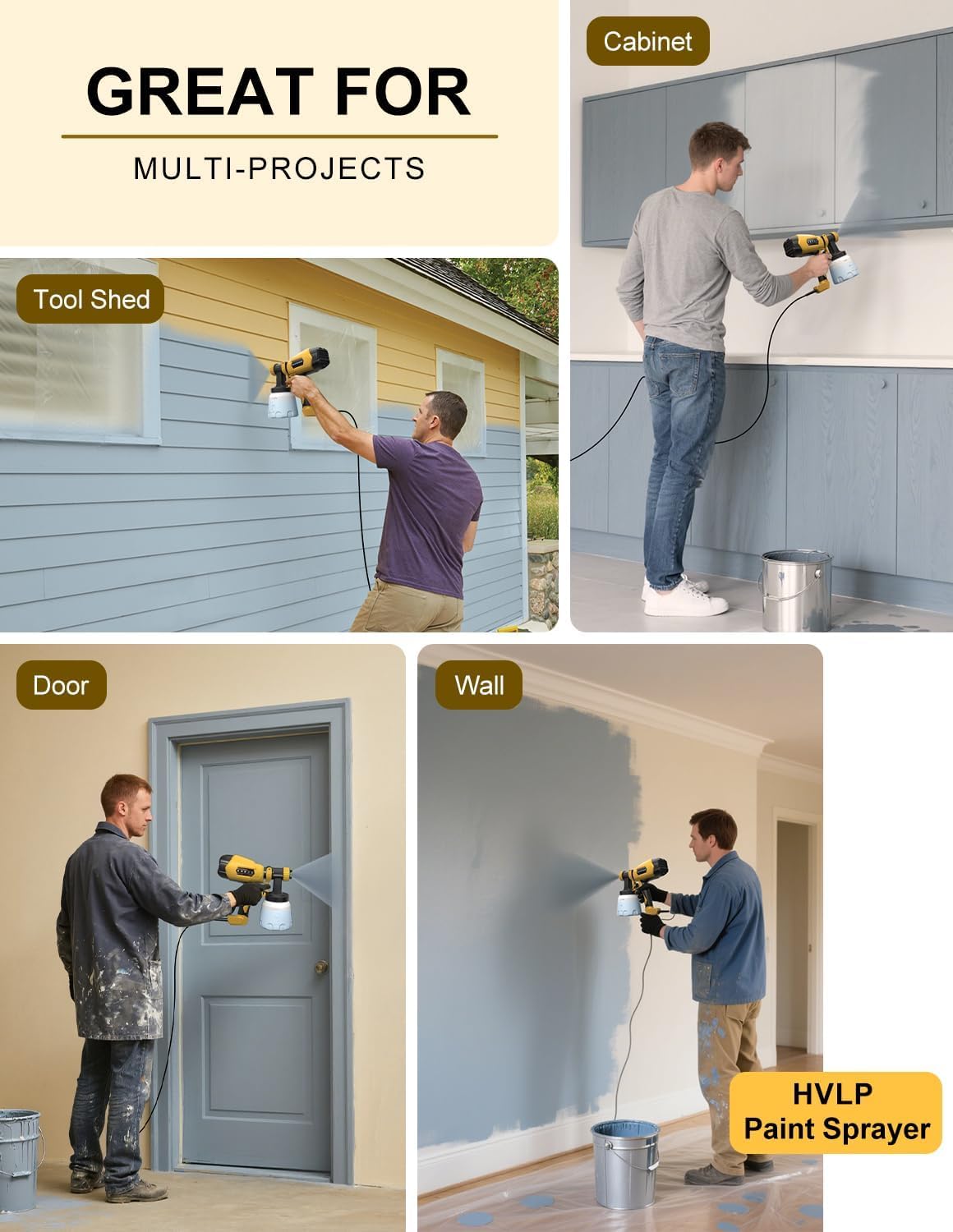 Paint Sprayer, Electric Spray Paint Gun, 3 Modes & 4 Brass Nozzles | With Cleaning & Blowing Joints, Variable Flow Control, for Doors, Fences, Walls, Cabinets, Garden Chairs, Yellow