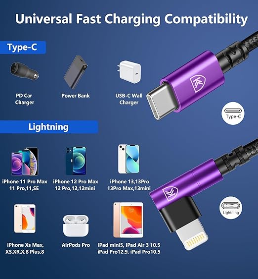 90 Degree USB C to Lightning 10FT, iPhone Charger Cables 3Pack Fast Charging - Image 8
