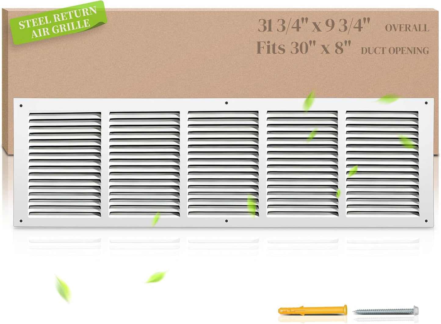 30"W x 8"H Return Air Grille [Duct Opening Size], Steel HVAC Return Air Vent Cover for Wall & Ceiling, White Powder-Coated Rust-Resistant AC Cold Air Return, Outer Dimensions 31.75"W x 9.75"H