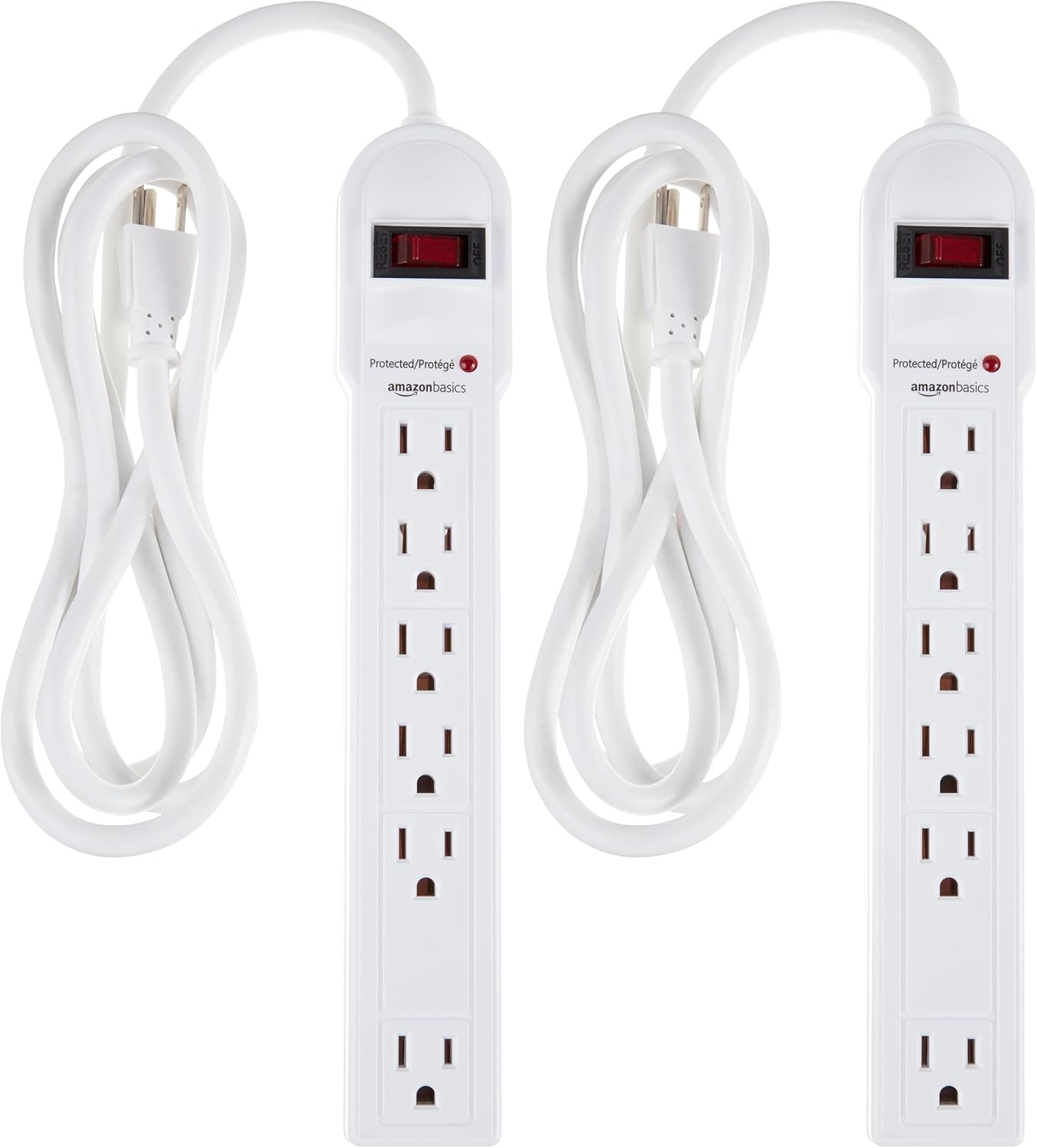 Amazon Basics Surge Protector Power Strip, 6-Outlet, 790 Joules, Circuit Breaker, LED Indicator, 6ft Extension Cord, White (Pack of 2)