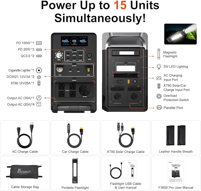FOSSiBOT F3600 Portable Power Station, 5x120V AC Output 3600W/3840Wh LiFePO4 - Image 9