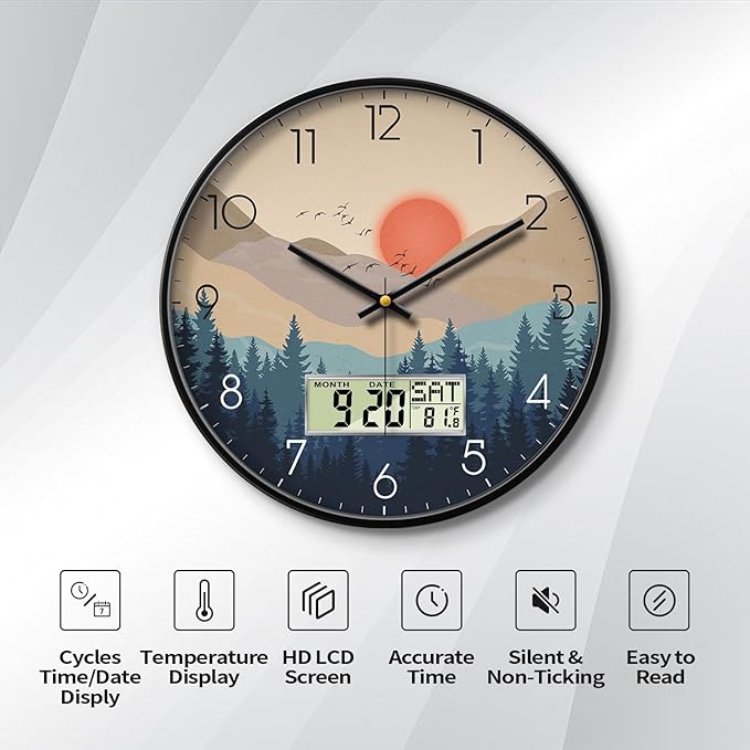 Silent Wall Clock with Day Week Temperature Wilderness with Sunset Non-ticking - Image 3