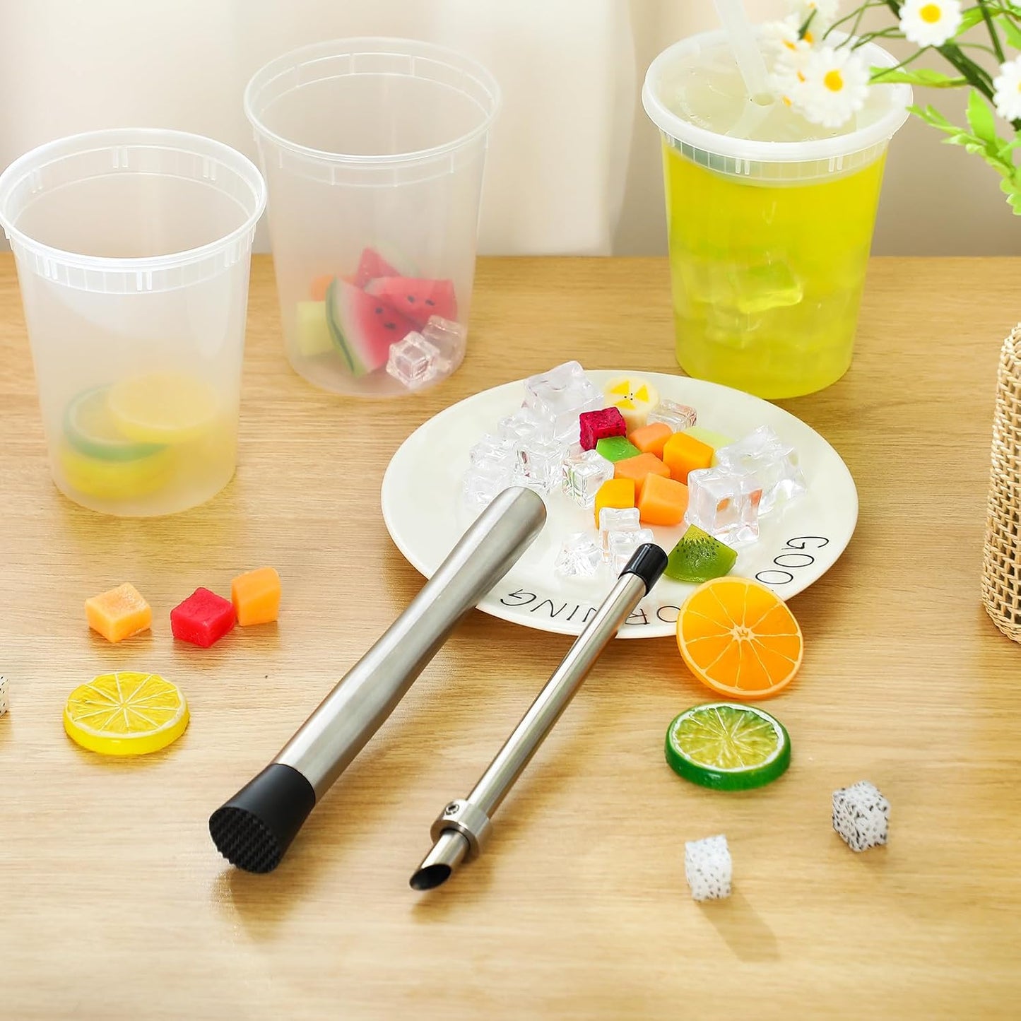 Honeydak 3 Pcs Straw Hole Puncher Muddler, Lemonade Punch Tool Set, 6.3Inch | 304 Stainless Steel Build, Perfect for Plastic Lids Boba Cups, Lemonade Stand Supplies, Stir Spoon & Cleaning Brush Included