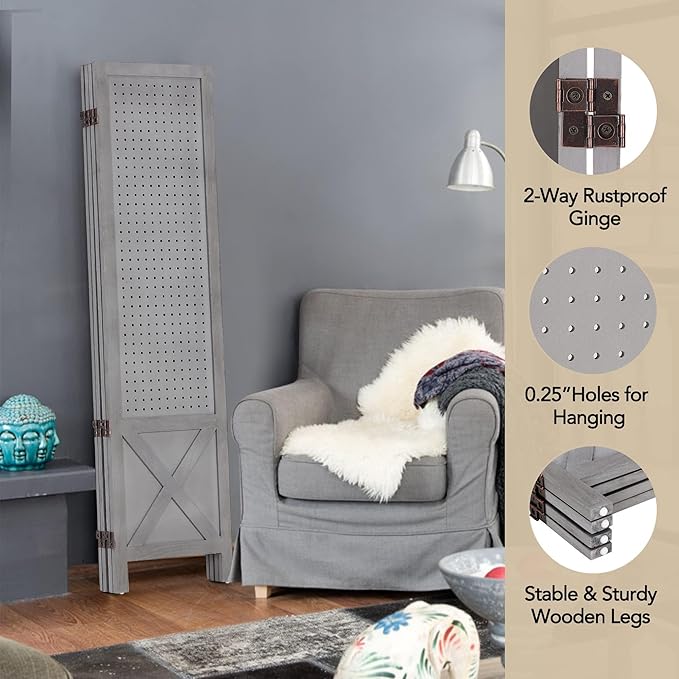 Wnutrees 4 Panel Pegboard Display, 5 Ft Wood Folding Privacy Screens Room - Image 6