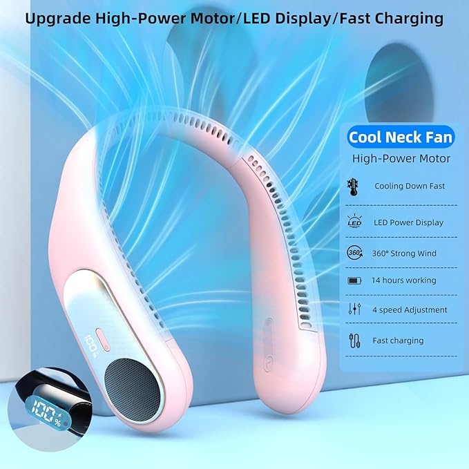 Portable Neck Fan, Personal Wearable Bladeless Fan, LED Display, 6000mAh USB - Image 3