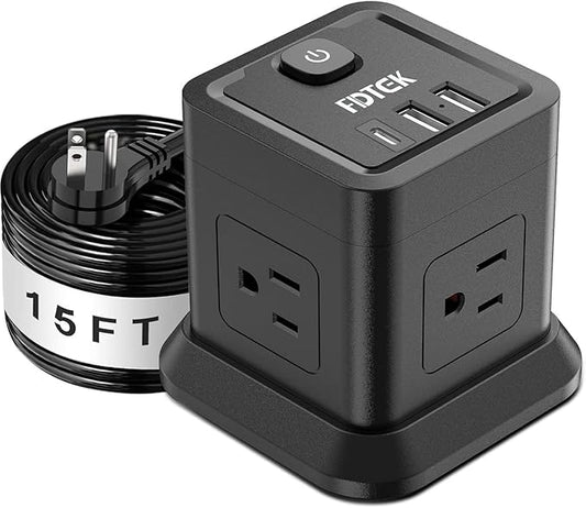 Extension Cord 15 ft, FDTEK Flat Plug Power Strip by FDTEK