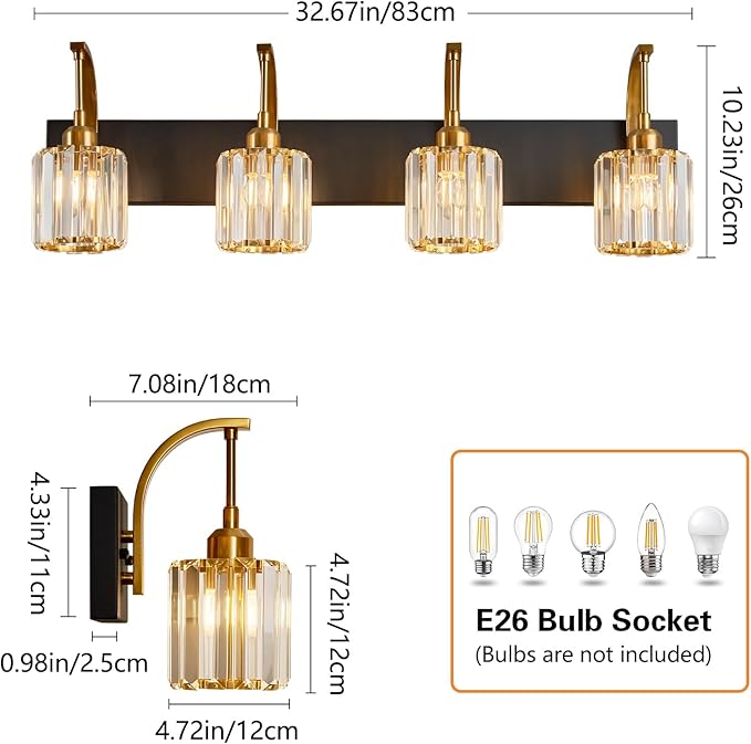 FDPBY 4-Light Crystal Vanity Light, Modern Black Gold Bathroom Wall Sconce - Image 5