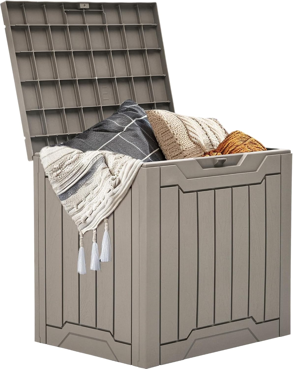 yitahome outdoor resin storage box 31 gal, water-resistant shown in use