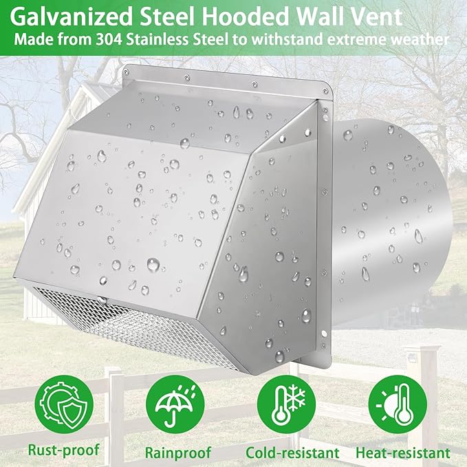 10 Inch Hooded Wall Vent with Screen and Damper, Exterior Wall Exhaust Vent - Image 6