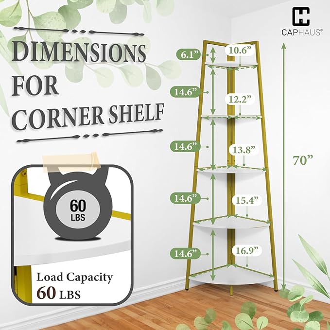 CAPHAUS Tall Corner Shelf Stand, 5-Tier Display Shelves, Ladder Corner Wood - Image 2