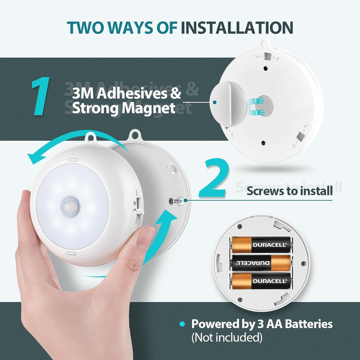 Reoshine Motion Sensor Light Indoor, LED Night Light Closet Lights, Under Cabinet Lights, AA Battery Operated Stick on Wireless Puck Lights for Wall, Step, Stair, Dimmable (3 Pack)
