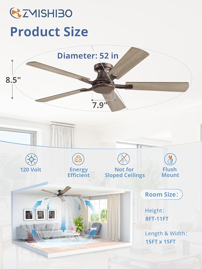 ZMISHIBO 52 Inch Ceiling Fan No Light, Flush Mount Low Profile, Farmhouse Brown - Image 4