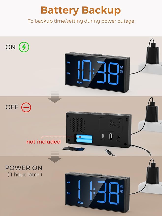 PPLEE Digital Alarm Clocks for Bedrooms Heavy Sleepers, 2 Alarms, Upgrade 7-5-2 - Image 6