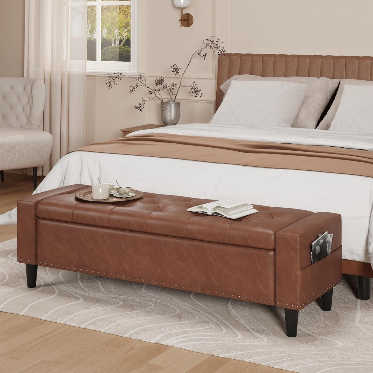 60" storage ottoman bench, faux leather upholstered bed, main product view