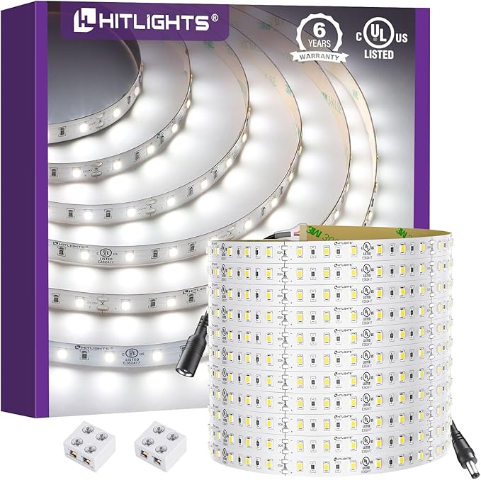 HitLights White LED Strip Lights 5000K 24V, 26.2ft Cuttable Tape Backed 3oz PCB by HitLights