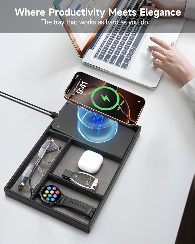 Valet Tray, Built in Wireless Charging Pad, Nightstand Organizer, Two-Toned - Image 3