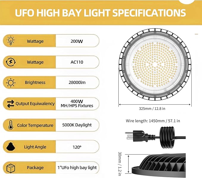 SOUTHLEVY 6 Pack UFO 200W LED High Bay Light, 5 ft Cable - Image 3