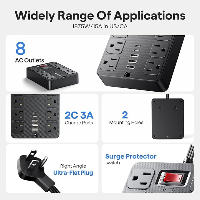 13 in 1 Surge Protector Power Strip Flat Plug 8 Widely AC Outlet 3 USB Ports - Image 8