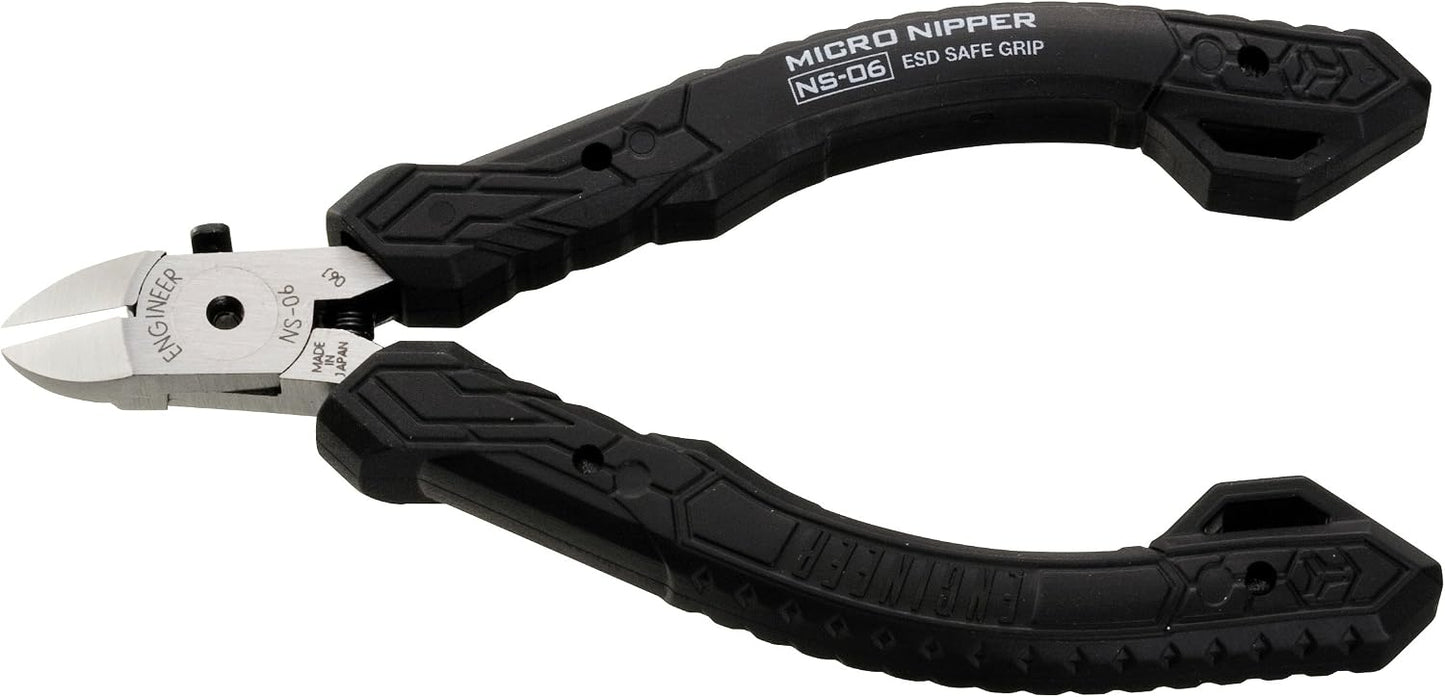 ENGINEER NS-06 Precision Mini Flush Cutters Micro Nippers Made in Japan | 112mm, ESD Safe Grip, Hardened Carbon Steel Undercut Jaws, Anti-Static, Ideal for PCB & Circuit Board, Clean Flush Cuts