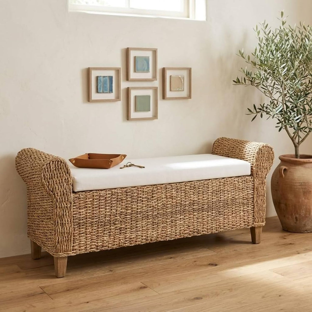 56" rattan storage bench with rolled arms, bohemian, main product view