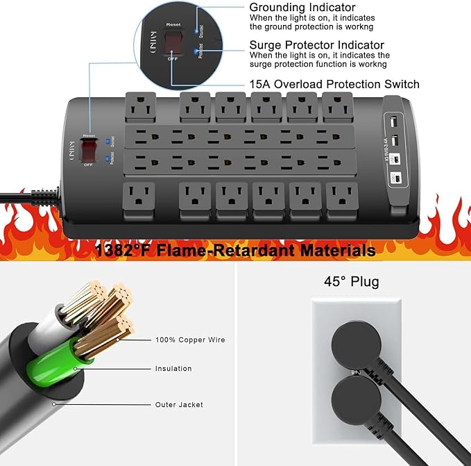 QINLIANF Surge Protector Power Strip - 6Ft Flat Plug Heavy Duty Extension Cord - Image 6