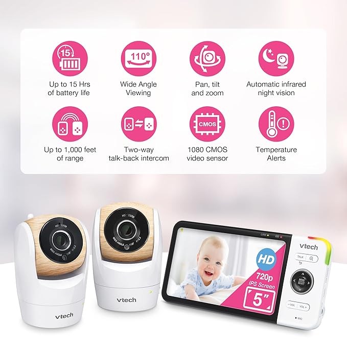 VTech VM928-2HD 5” 720p HD Display 2 Cameras Baby Monitor, 110 Wide Angle View - Image 2