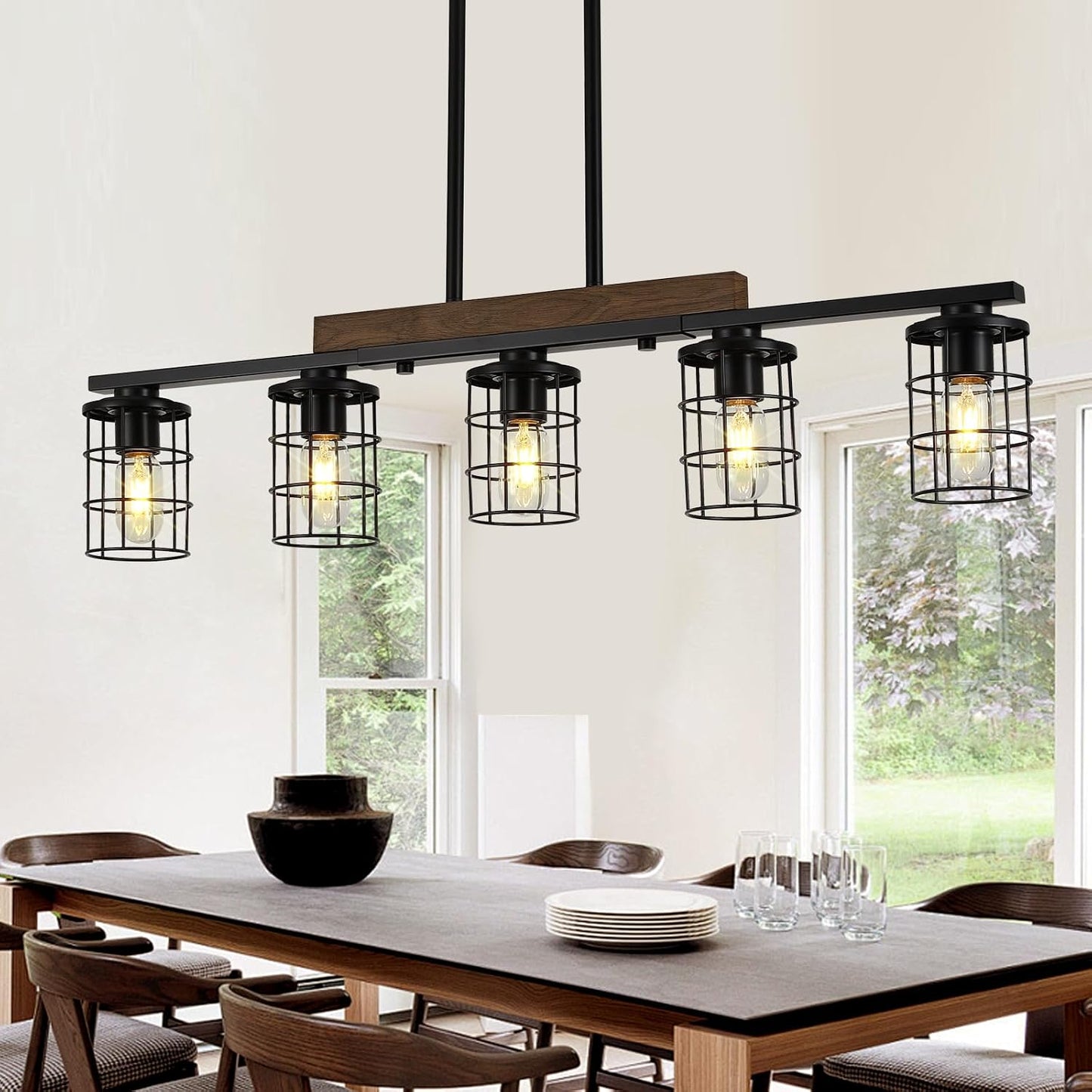 LmnLvn 5-Light Farmhouse Kitchen Light Fixture, Rustic Wood & Metal Cage | Black Hanging Kitchen Chandelier,Adjustable Hanging Height,Ideal Pendant Light over dining table and kitchen island