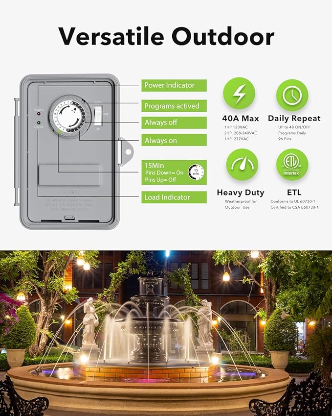 BN-LINK Pool Pump Timer, Outdoor Mechanical Timer Box, Heavy Duty 24 Hour - Image 2
