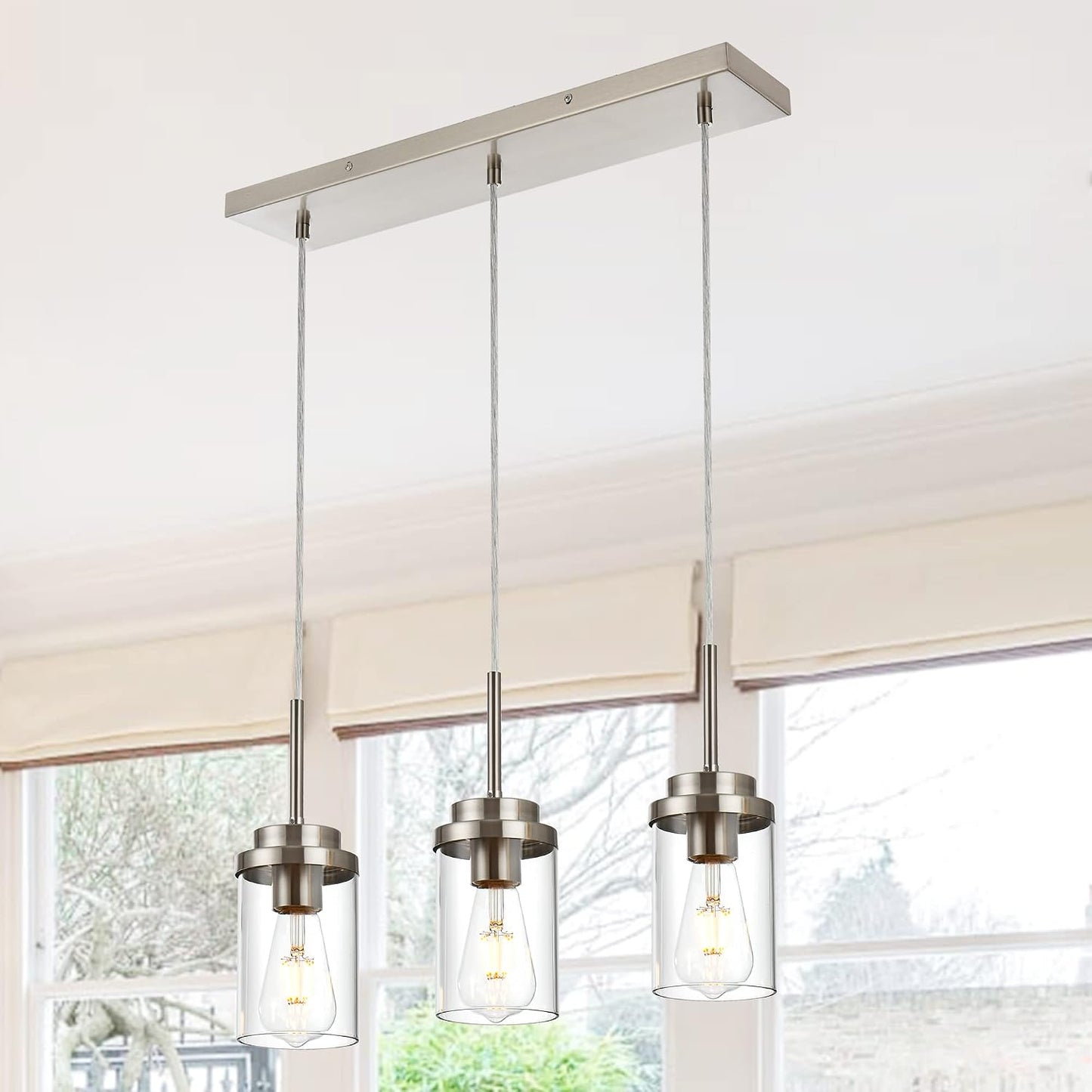 MELUCEE Kitchen Pendant Lighting Over Island 3 Light Brushed Nickel Finish | Linear Chandelier Dining Room Light Fixtures Ceiling Hanging Lamp with Clear Glass Shade, 20.5 Inches Length