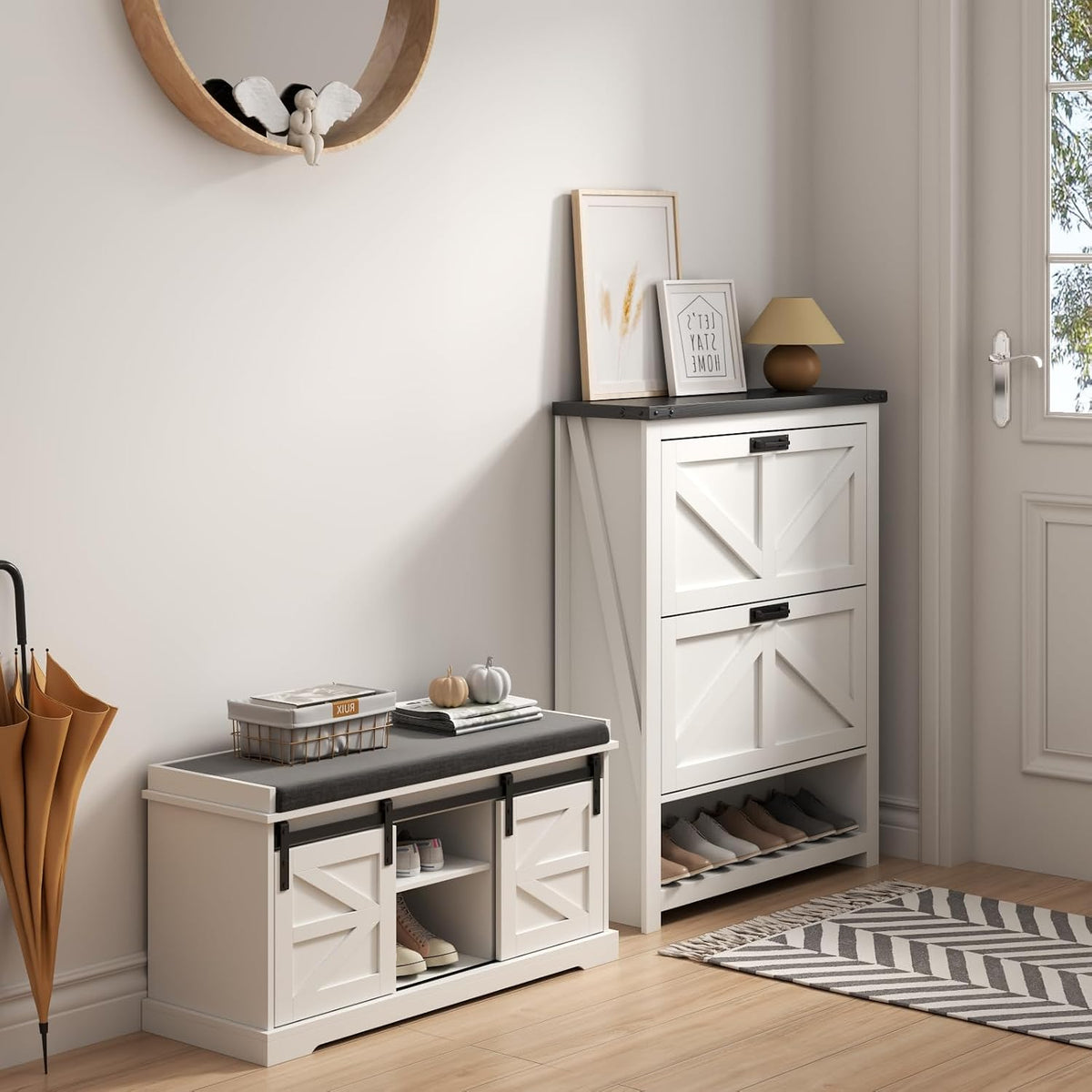 loomie 39" wide white shoe storage bench with, close-up detail