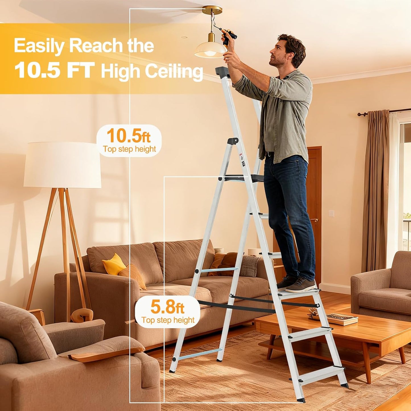 NEWBULIG 6-Step Platform Ladder, 330LB Heavy Duty Aluminum Folding Step Stool with Textured Anti-Slip & Safety Handrail, Multi-Use Household Ladder for Kitchen, Garage, Courtyard Indoor/Outdoor