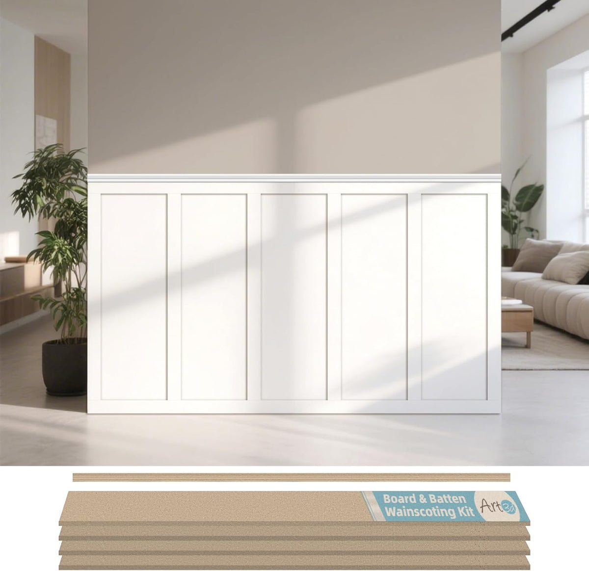 Art3d Premade Board and Batten Paintable Wainscoting Kit, MDF Accent Wall Panel