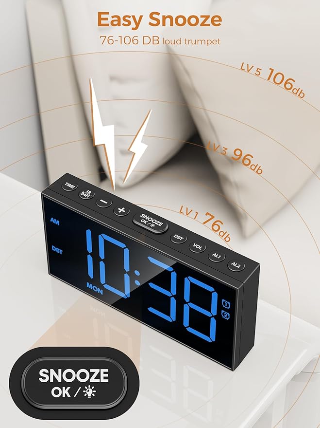 PPLEE Digital Alarm Clocks for Bedrooms Heavy Sleepers, 2 Alarms, Upgrade 7-5-2 - Image 3