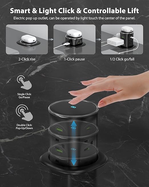 Motorized Pop Up Outlet, 2 PD 45W USB C Charging Station, 3.15 in Hole Desktop - Image 2