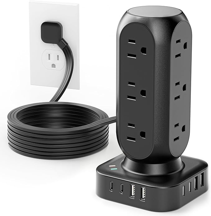 Tower Surge Protector Power Strip, 12 AC Outlets & 8 USB Ports, Flat Plug 5FT by TenTrend