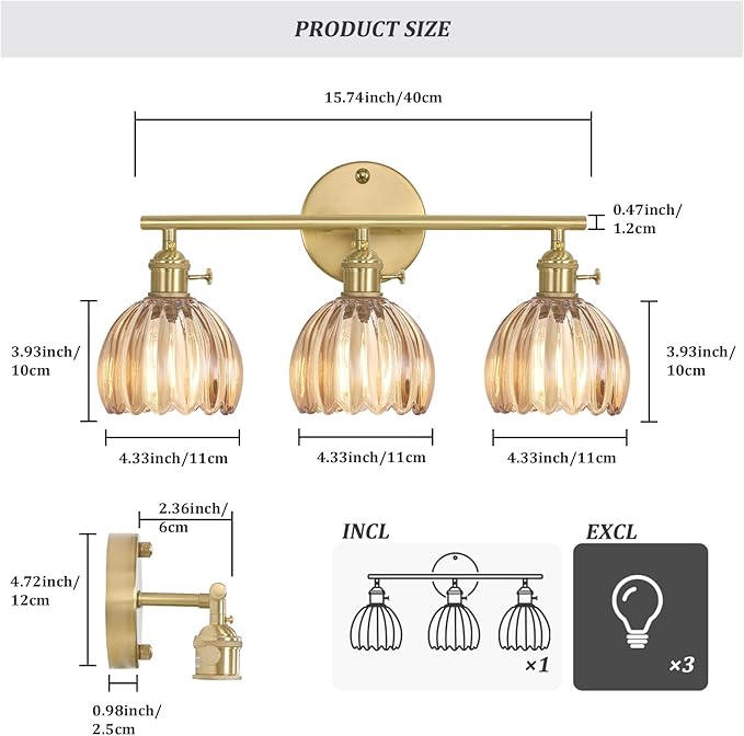 Shenmoyl Bathroom Light Fixtures, 3-Light Brass Vanity Wall Light Over Mirror - Image 4