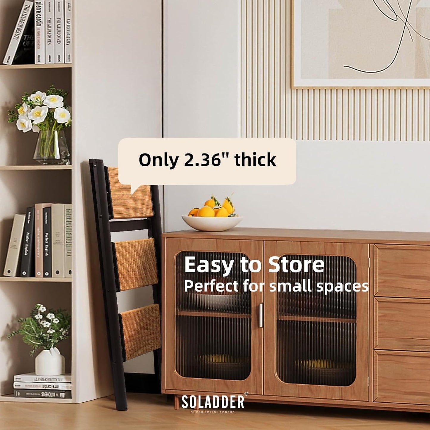 3 Step Ladder, Folding Step Stool, Black & Woodgrain | Wide Anti-Slip Steps and a Foldable, Space-Saving Design for Adults to Use in Kitchens, Closets, Library,300 lbs