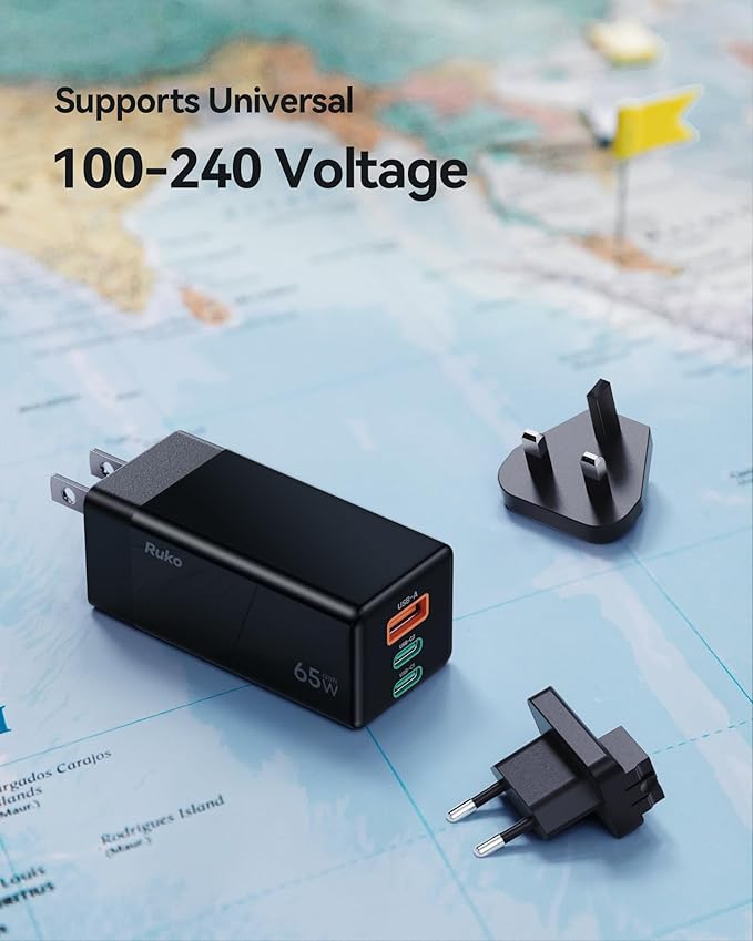 Ruko 65W USB C Charger, 3 Port International Travel Charger Kit, GaN Fast - Image 2