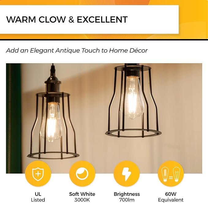 Hizashi Led Edison Bulbs Dimmable, 6W Equivalent 60W, 3000k Soft White - Image 2