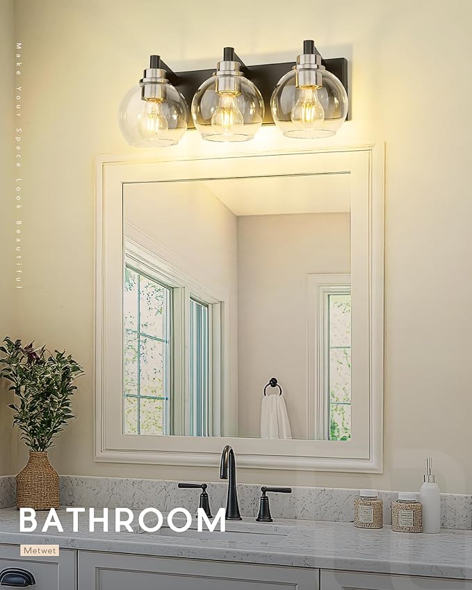 METWET Bathroom Light Fixtures, 3-Light Black and Brushed Nickel Bathroom - Image 8