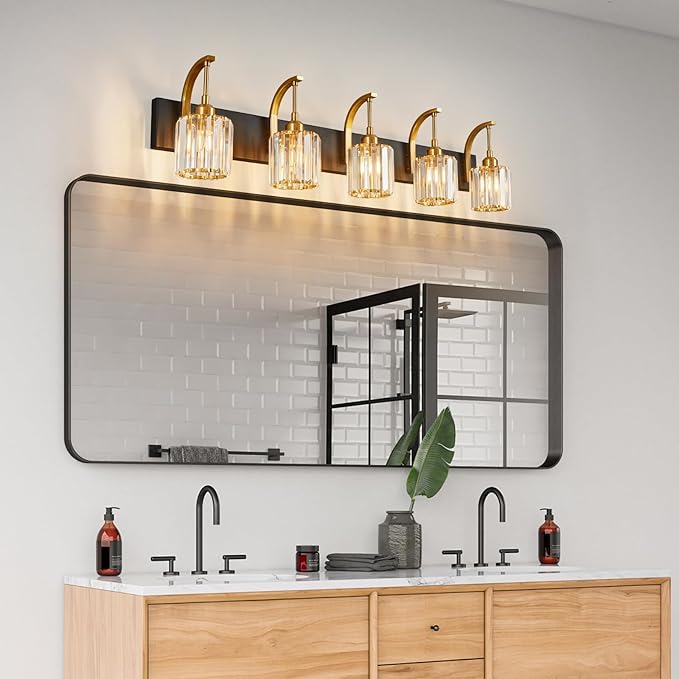 FDPBY 5-Light Crystal Vanity Light, Modern Black Gold Bathroom Wall Sconce - Image 3