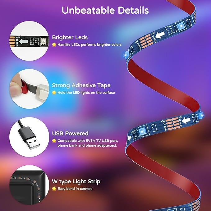 HAMLITE Led Lights for TV 70 75 80 82 Inches, 18Ft USB TV LED Backlight Behind - Image 3