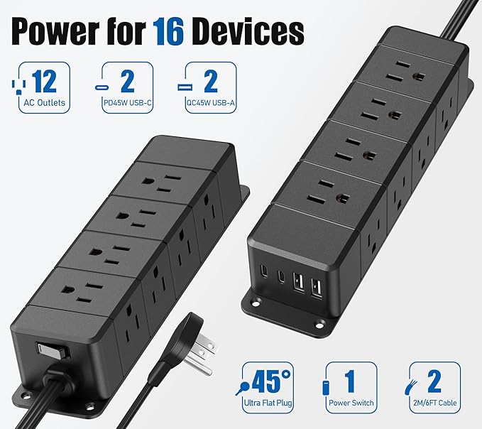 45W USB-C Fast Charging Under Desk Power Strip, 12 Outlet Mountable Power Strip - Image 3