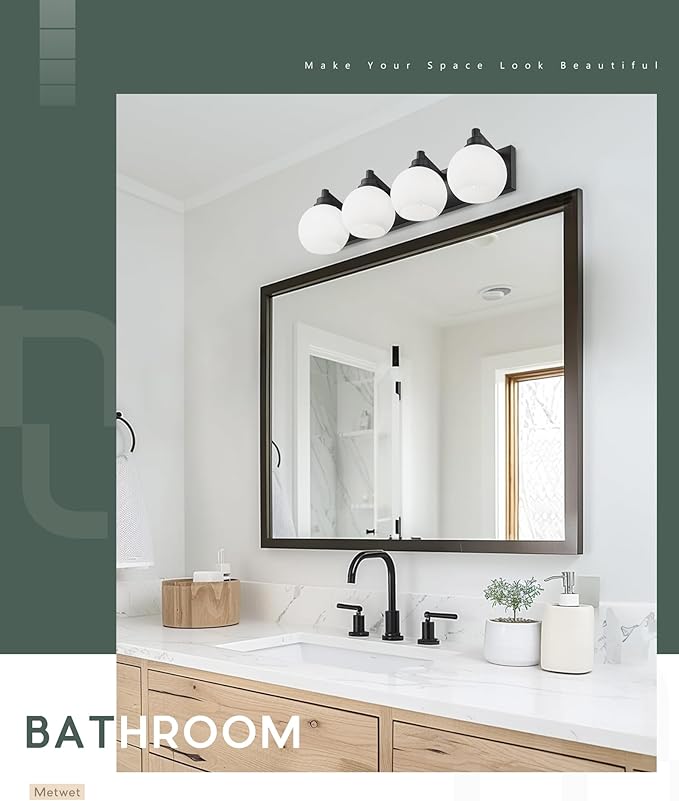 METWET Bathroom Light Fixtures, 4 Light Matte Black Vanity Light, 26 Inch - Image 5